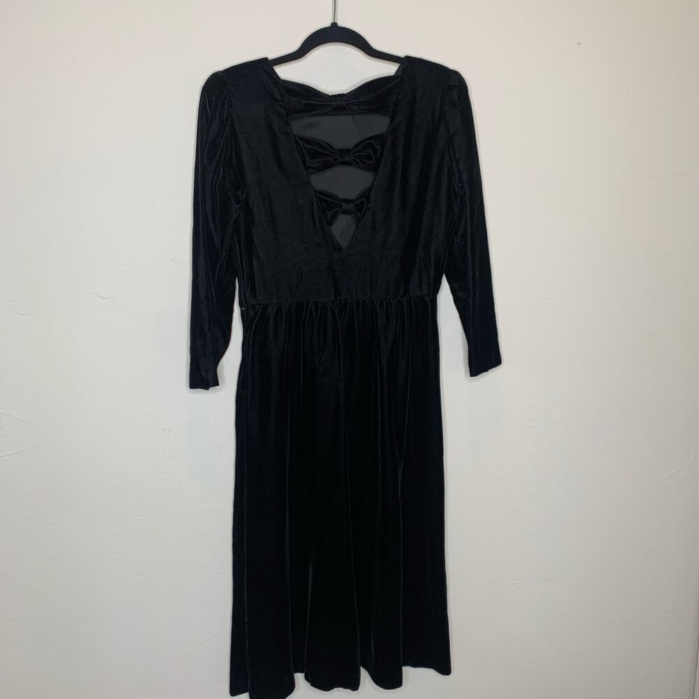 Lanz Black Velvet Bow Back Vintage Dress Sz 12 Medium - Picture 9 of 12